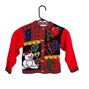 HEARTWORKS Kids Novelty Cardigan Sweater School Theme Teddy Bear Apple S 4/5
